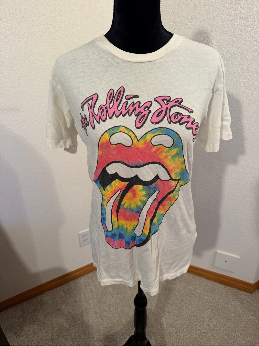 Free People White Tee with Pink Logo and Rainbow Tie-Dye Tongue